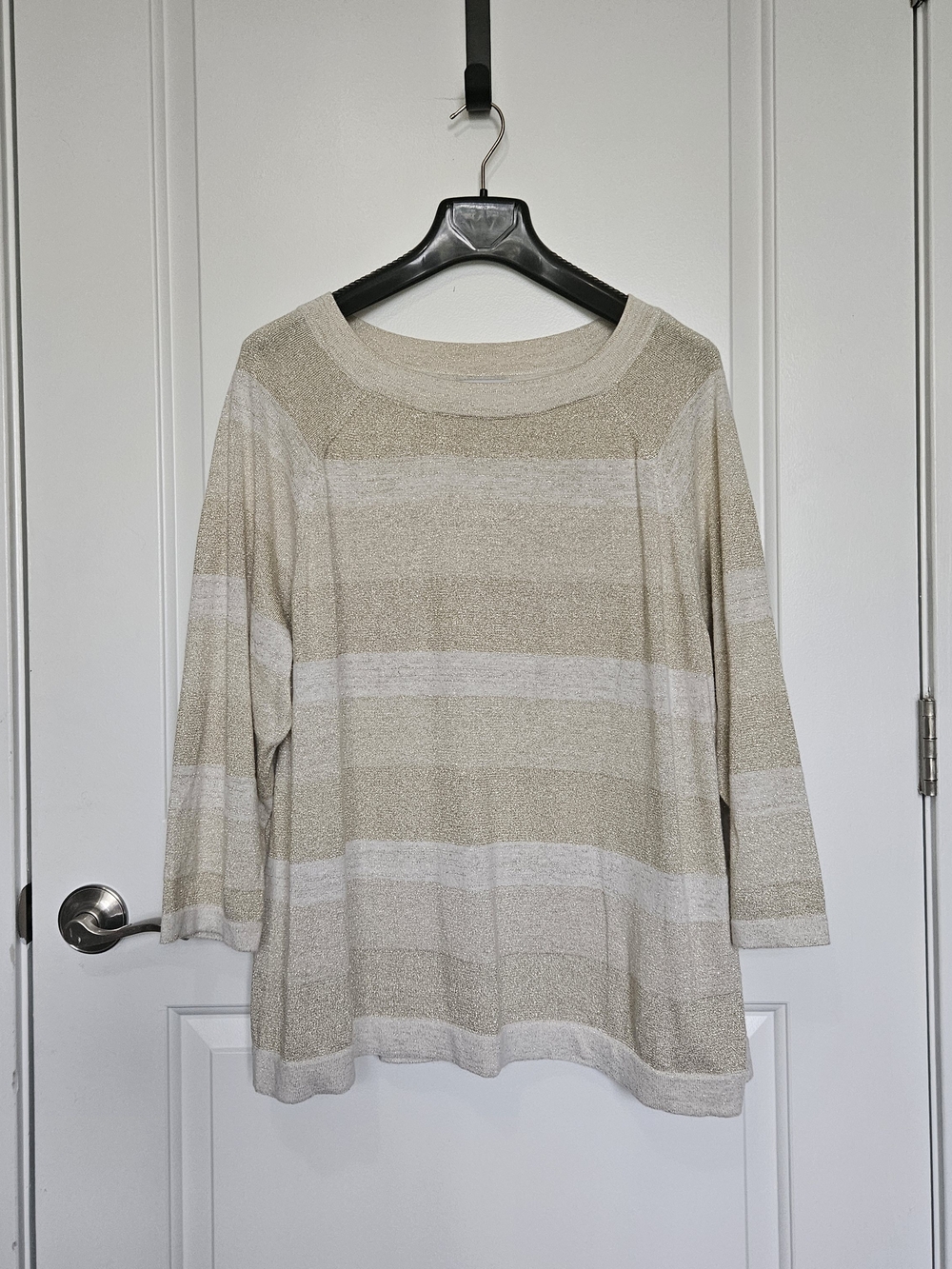 Sag Harbor Women's Plus Size 3X Beige Cream Gold Striped Holiday Knit Sweater